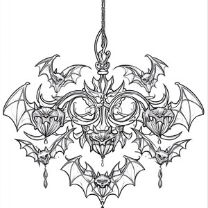 Puede incluir: Una ilustraci&oacute;n de arte lineal en blanco y negro de una l&aacute;mpara de ara&ntilde;a que presenta m&uacute;ltiples figuras de murci&eacute;lagos integradas en el marco. El dise&ntilde;o incluye brazos curvos, colgantes en forma de cristal y una cadena central.