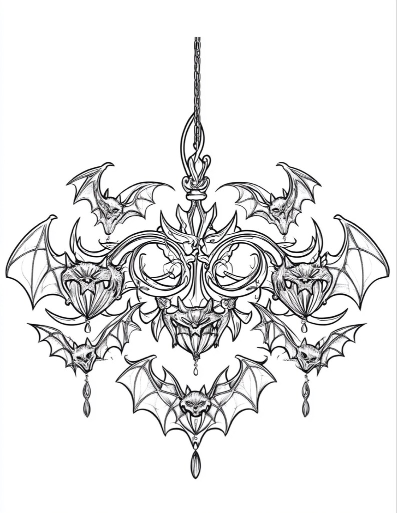 Puede incluir: Una ilustraci&oacute;n de arte lineal en blanco y negro de una l&aacute;mpara de ara&ntilde;a que presenta m&uacute;ltiples figuras de murci&eacute;lagos integradas en el marco. El dise&ntilde;o incluye brazos curvos, colgantes en forma de cristal y una cadena central.