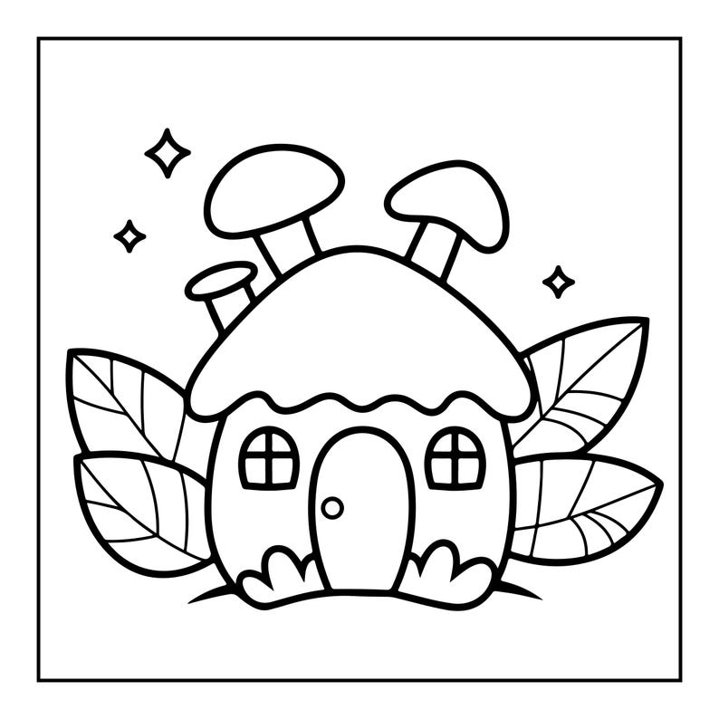 May include: A black and white line art illustration of a small house shaped like a mushroom. The structure features a rounded roof, a central arched door, two small windows, and large leaves on both sides. Four small four-pointed stars surround it.