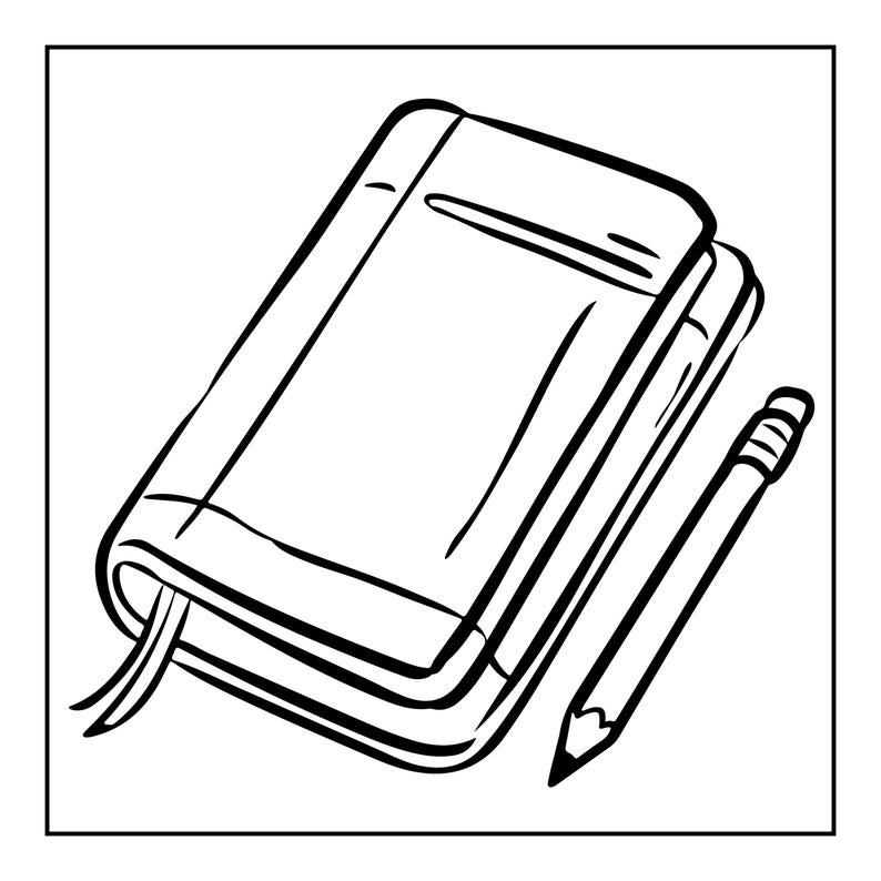 May include: A black and white line art illustration of a closed rectangular notebook with a bookmark ribbon extending from the bottom edge, positioned next to a simple wooden pencil with an eraser at the top, rendered in a clean graphic style.