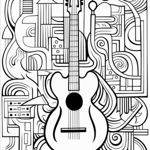 May include: A black and white line art illustration featuring a central acoustic guitar surrounded by complex geometric patterns, swirling curves, and abstract shapes. The design uses bold outlines to define the instrument and the surrounding motifs.