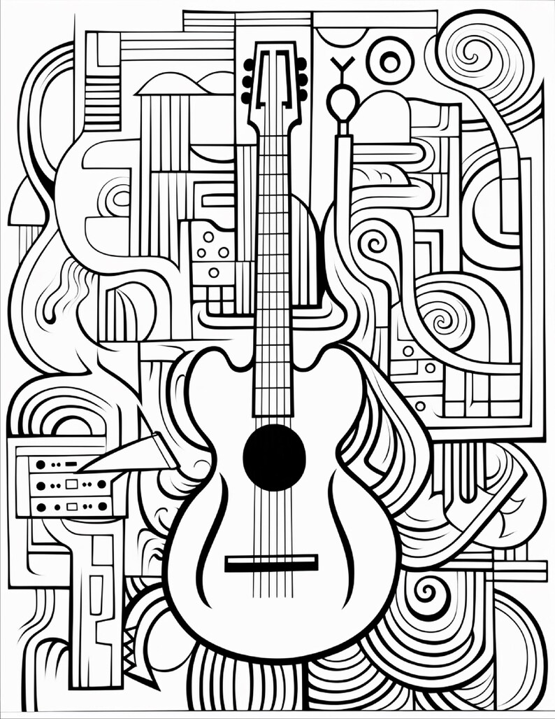 May include: A black and white line art illustration featuring a central acoustic guitar surrounded by complex geometric patterns, swirling curves, and abstract shapes. The design uses bold outlines to define the instrument and the surrounding motifs.