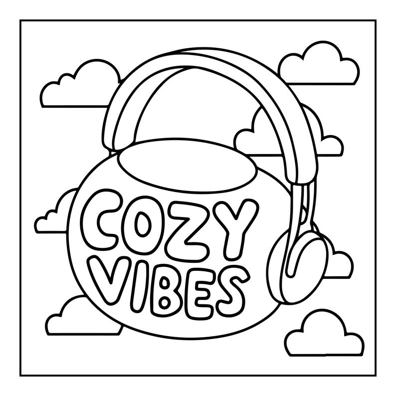 Puede incluir: Una ilustraci&oacute;n de arte lineal en blanco y negro que muestra una forma redonda con auriculares grandes. El texto COZY VIBES est&aacute; escrito en letras negritas y redondeadas en el centro de la forma, rodeado por varios contornos de nubes simples.