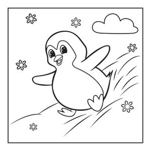以下が含まれることがあります： 雪の丘を滑り降りるペンギンの白黒線画イラスト。ペンギンは大きな目と開いたくちばしが特徴です。空には6つの突起がある雪の結晶がいくつか舞っており、雲が1つ描かれています。