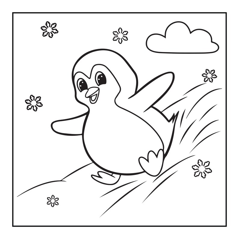 以下が含まれることがあります： 雪の丘を滑り降りるペンギンの白黒線画イラスト。ペンギンは大きな目と開いたくちばしが特徴です。空には6つの突起がある雪の結晶がいくつか舞っており、雲が1つ描かれています。