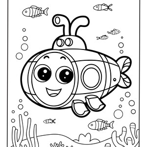 Puede incluir: Una p&aacute;gina para colorear en blanco y negro que muestra un submarino de dibujos animados con ojos grandes y una boca sonriente. El submarino est&aacute; rodeado de peces peque&ntilde;os, burbujas y corales en el fondo marino. Tiene contornos gruesos.