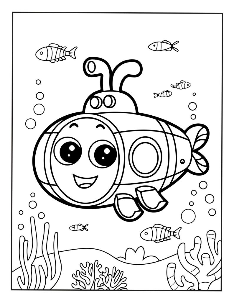 Puede incluir: Una p&aacute;gina para colorear en blanco y negro que muestra un submarino de dibujos animados con ojos grandes y una boca sonriente. El submarino est&aacute; rodeado de peces peque&ntilde;os, burbujas y corales en el fondo marino. Tiene contornos gruesos.