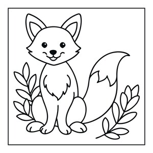 May include: A black and white line art illustration of a fox sitting upright. The fox has large pointed ears, a fluffy chest, and a long bushy tail. It is surrounded by simple leaf sprigs on both sides, all enclosed within a square border frame.