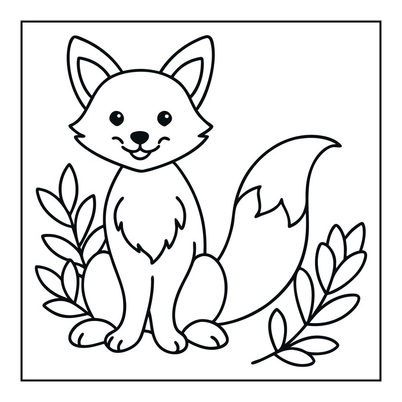 May include: A black and white line art illustration of a fox sitting upright. The fox has large pointed ears, a fluffy chest, and a long bushy tail. It is surrounded by simple leaf sprigs on both sides, all enclosed within a square border frame.