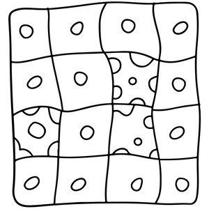 May include: A square grid pattern composed of sixteen individual cells outlined in black. Most cells contain a single centred circle, while two cells feature a cluster of smaller circles, creating a repeating black and white graphic design.