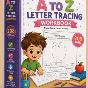 May include: A thick A to Z Letter Tracing Workbook with a purple spine and white cover. The cover features a cartoon child writing in a notebook, a stack of books, and an apple. Text includes A to Z Letter Tracing Workbook, 208 Pages, and Trace. Color. Learn. Grow!