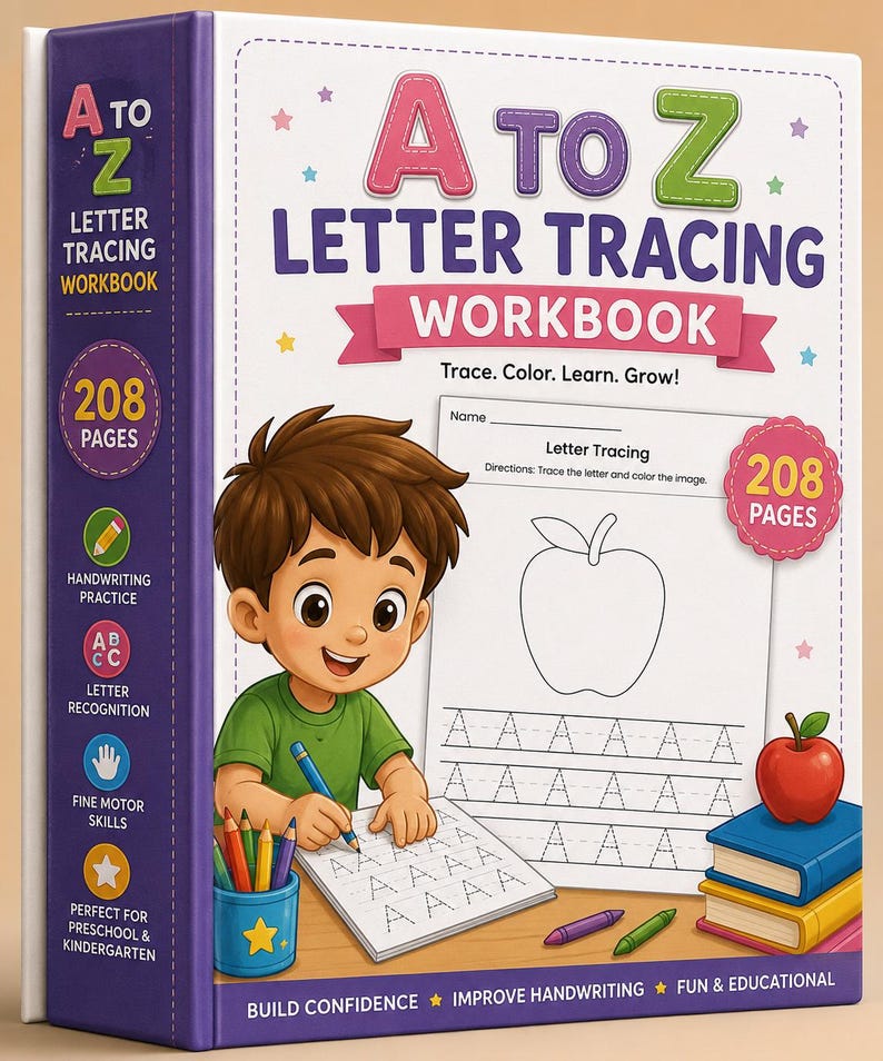 May include: A thick A to Z Letter Tracing Workbook with a purple spine and white cover. The cover features a cartoon child writing in a notebook, a stack of books, and an apple. Text includes A to Z Letter Tracing Workbook, 208 Pages, and Trace. Color. Learn. Grow!