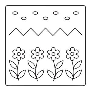 May include: A square black and white line art illustration featuring a row of four six-petaled flowers with leaves at the bottom, a zigzag line across the middle, and a series of small oval shapes arranged in a horizontal row at the top.