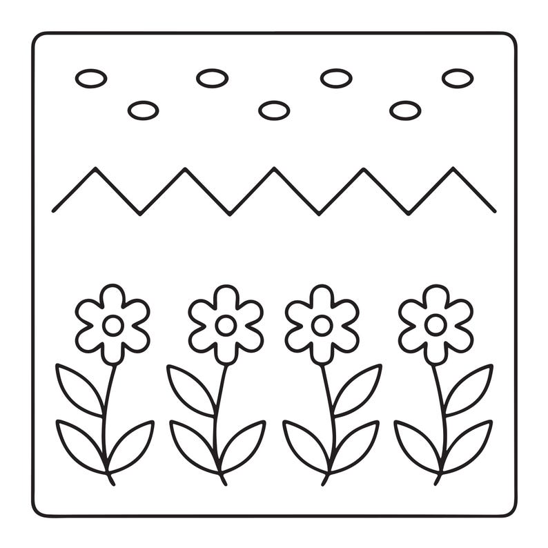 May include: A square black and white line art illustration featuring a row of four six-petaled flowers with leaves at the bottom, a zigzag line across the middle, and a series of small oval shapes arranged in a horizontal row at the top.