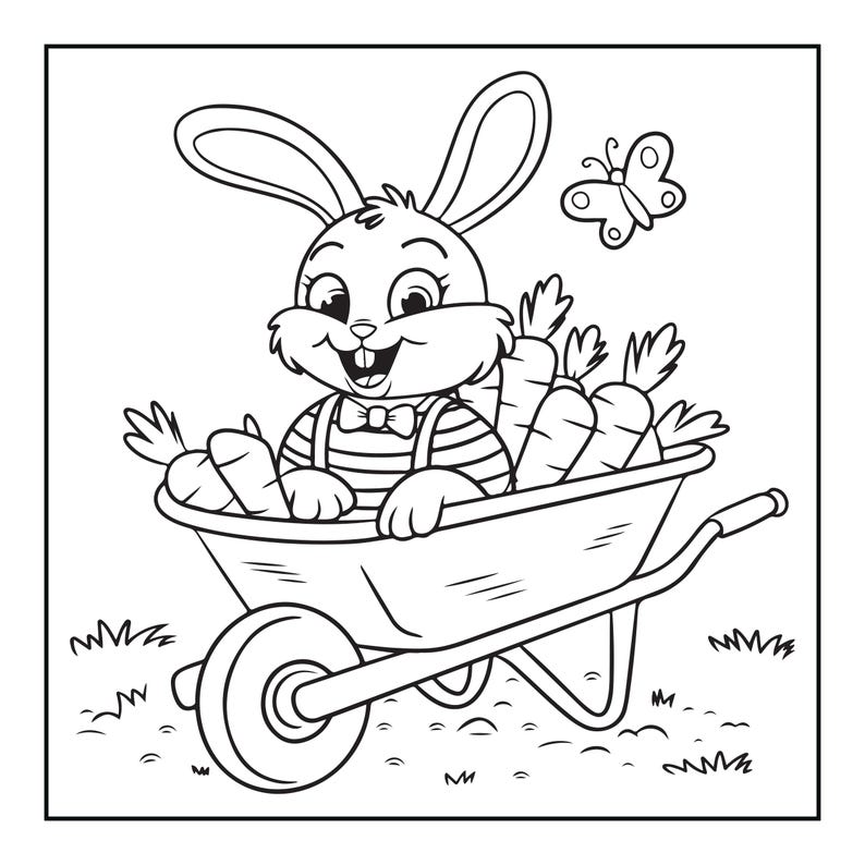 May include: A black and white line art coloring page featuring a cartoon rabbit wearing a striped shirt and a bow tie, sitting inside a wheelbarrow filled with several carrots. A small butterfly is flying in the upper right corner of the frame.