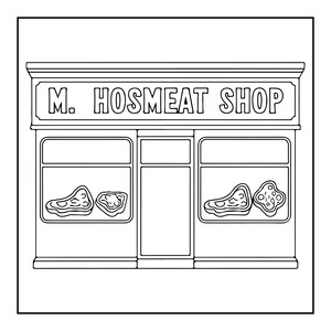 Op de afbeelding: Een zwart-wit lijntekening van een winkelpui met de tekst M. HOSMEAT SHOP op het uithangbord. De winkel heeft twee grote etalageramen, elk met twee verschillende stukken vlees, en een centrale deurpost in een klassieke bouwstijl.