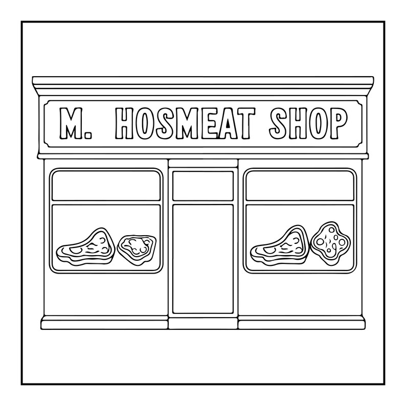 Op de afbeelding: Een zwart-wit lijntekening van een winkelpui met de tekst M. HOSMEAT SHOP op het uithangbord. De winkel heeft twee grote etalageramen, elk met twee verschillende stukken vlees, en een centrale deurpost in een klassieke bouwstijl.