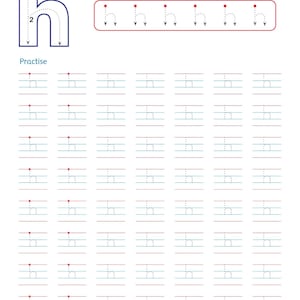 以下が含まれることがあります： 小文字の「h」の書き方を学ぶための白い学習用ワークシート。番号付きの矢印が付いた大きな青い「h」、点線の「h」の列、そして赤い点が付いた「h」を練習するための罫線が引かれたグリッドで構成されています。