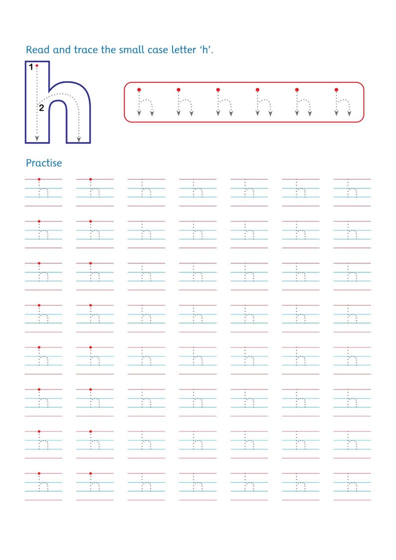 以下が含まれることがあります： 小文字の「h」の書き方を学ぶための白い学習用ワークシート。番号付きの矢印が付いた大きな青い「h」、点線の「h」の列、そして赤い点が付いた「h」を練習するための罫線が引かれたグリッドで構成されています。