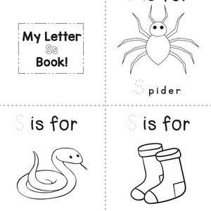 A printable coloring worksheet for the letter S featuring a spider, a snake, and socks with tracing lines.