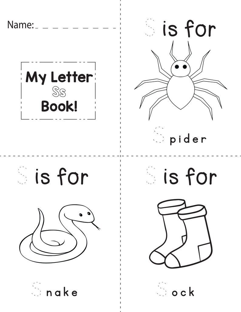 A printable coloring worksheet for the letter S featuring a spider, a snake, and socks with tracing lines.
