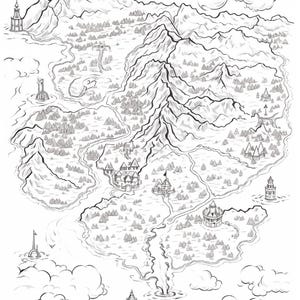 Pode incluir: Uma ilustra&ccedil;&atilde;o de arte linear em preto e branco de um mapa de fantasia apresentando cadeias de montanhas irregulares, florestas densas, rios sinuosos e v&aacute;rias estruturas arquitet&ocirc;nicas, incluindo castelos e torres cercadas por nuvens.