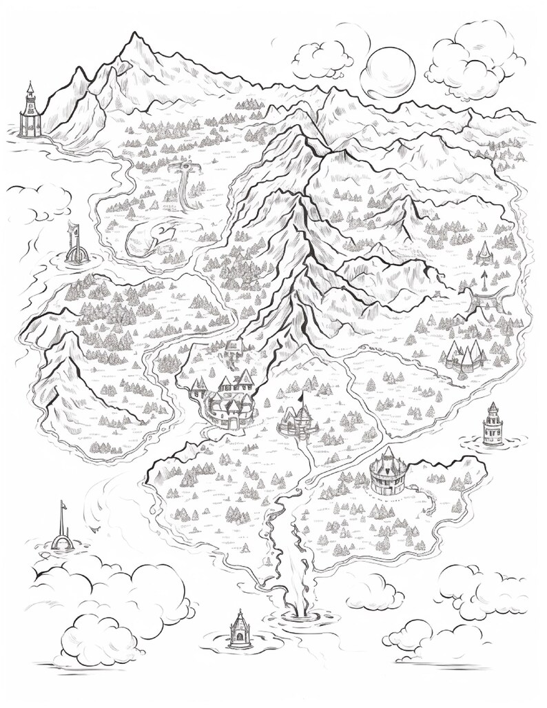 Pode incluir: Uma ilustra&ccedil;&atilde;o de arte linear em preto e branco de um mapa de fantasia apresentando cadeias de montanhas irregulares, florestas densas, rios sinuosos e v&aacute;rias estruturas arquitet&ocirc;nicas, incluindo castelos e torres cercadas por nuvens.