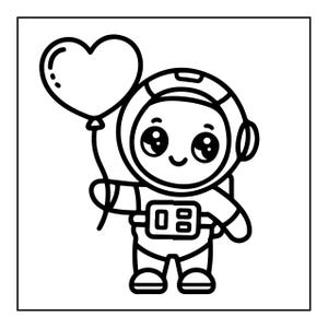 以下が含まれることがあります： 宇宙服とヘルメットを着用した漫画風の宇宙飛行士の白黒線画イラスト。宇宙飛行士は大きな目と小さな笑顔をしており、片手で紐のついたハート型の風船を持っています。デザインはシンプルで明快な線で描かれています。