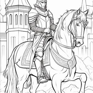 Op de afbeelding: Een zwart-wit lijntekening van een ridder in volledig harnas op een paard. De ridder draagt een puntige helm en mali&euml;nkolder, terwijl het paard is uitgerust met een versierd zadel en hoofdstel, met een kasteel op de achtergrond.