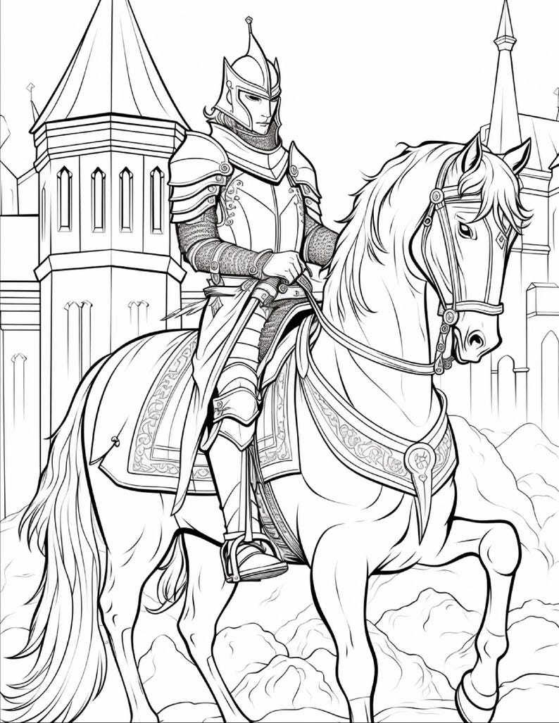 Op de afbeelding: Een zwart-wit lijntekening van een ridder in volledig harnas op een paard. De ridder draagt een puntige helm en mali&euml;nkolder, terwijl het paard is uitgerust met een versierd zadel en hoofdstel, met een kasteel op de achtergrond.