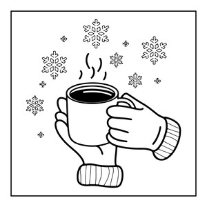 May include: A black and white line art illustration featuring a mug filled with a dark liquid, held by two hands wearing thick, ribbed-cuff mittens. Several stylized snowflakes of varying sizes surround the mug, with steam rising above.