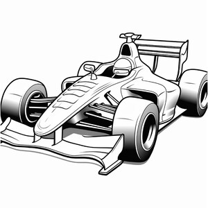Black and white outline drawing of a streamlined formula racing car from a low front-angle perspective.