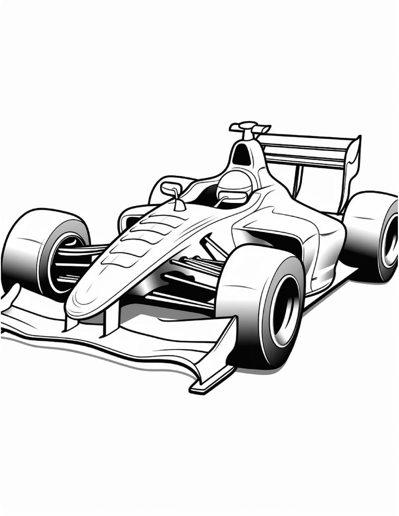 Black and white outline drawing of a streamlined formula racing car from a low front-angle perspective.