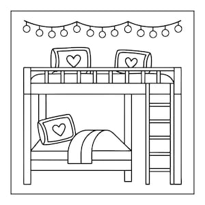 K&ouml;nnte beinhalten: Eine schwarz-wei&szlig;e Strichzeichnung eines Etagenbetts mit einer Leiter auf der rechten Seite. Das obere Bett hat zwei Kissen mit Herzmotiven, das untere Bett ein Kissen mit einem Herzmotiv und eine Decke. Dar&uuml;ber h&auml;ngen eine Lichterkette.