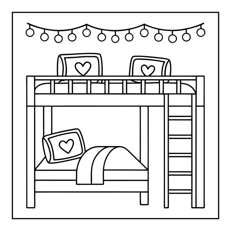 K&ouml;nnte beinhalten: Eine schwarz-wei&szlig;e Strichzeichnung eines Etagenbetts mit einer Leiter auf der rechten Seite. Das obere Bett hat zwei Kissen mit Herzmotiven, das untere Bett ein Kissen mit einem Herzmotiv und eine Decke. Dar&uuml;ber h&auml;ngen eine Lichterkette.