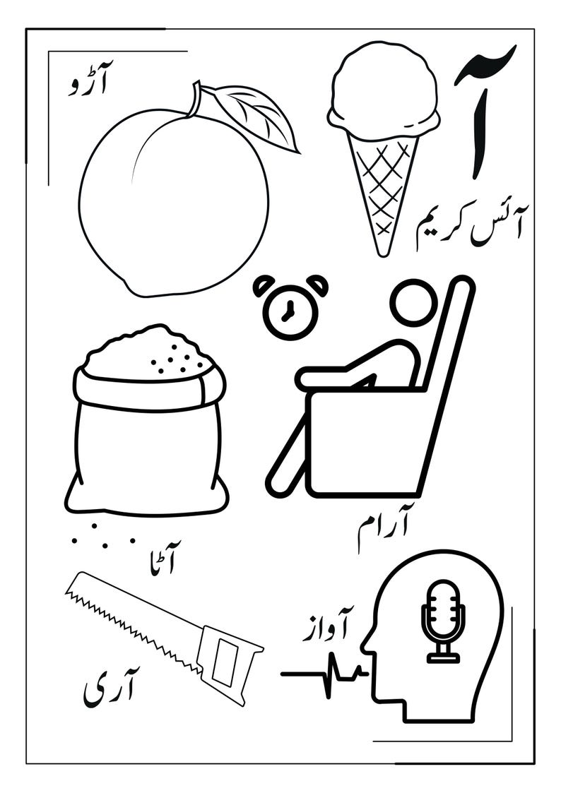 May include: A black and white educational colouring page featuring line drawings of a peach, an ice cream cone, a sack of flour, a person resting in a chair with an alarm clock, a saw, and a human head profile with a microphone icon and Urdu text.