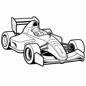 A black and white line art coloring page of a modern open-wheel race car angled toward the right.