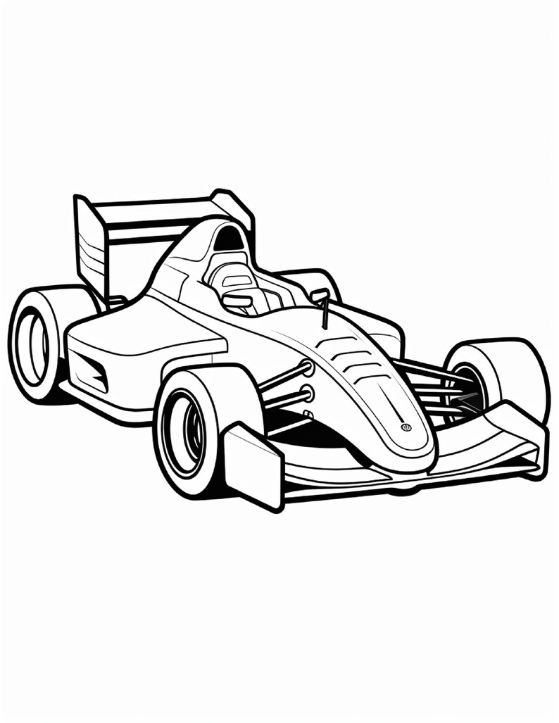 A black and white line art coloring page of a modern open-wheel race car angled toward the right.
