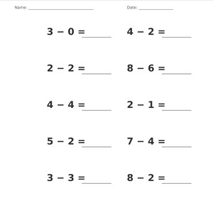 May include: A white educational worksheet titled Subtraction &bull; Single Digit with a gray header. It features ten math problems arranged in two columns, including 3-0, 2-2, 4-4, 5-2, 3-3, 4-2, 8-6, 2-1, 7-4, and 8-2. Includes lines for Name, Date, and Page 5 of 100.