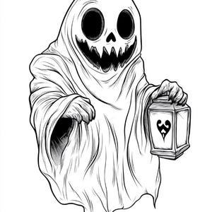 Puede incluir: Una ilustraci&oacute;n en blanco y negro de un fantasma envuelto en una s&aacute;bana con un rostro similar a una calavera, grandes cuencas oculares oscuras y una sonrisa dentada. El fantasma sostiene una linterna rectangular con un s&iacute;mbolo de pica.