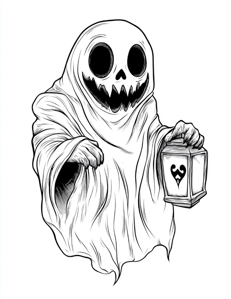Puede incluir: Una ilustraci&oacute;n en blanco y negro de un fantasma envuelto en una s&aacute;bana con un rostro similar a una calavera, grandes cuencas oculares oscuras y una sonrisa dentada. El fantasma sostiene una linterna rectangular con un s&iacute;mbolo de pica.