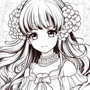 May include: A black and white line art illustration of a character with long flowing hair adorned with large floral clusters on both sides. The character wears a dress with a ruffled neckline, a central bow, and a floral collar detail.