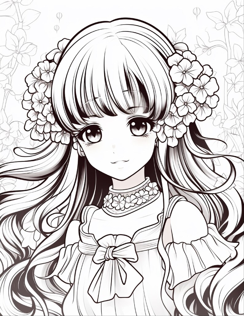 May include: A black and white line art illustration of a character with long flowing hair adorned with large floral clusters on both sides. The character wears a dress with a ruffled neckline, a central bow, and a floral collar detail.