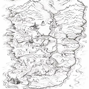 Pode incluir: Uma ilustra&ccedil;&atilde;o a tinta preta e branca de um mapa de fantasia representando uma grande ilha rodeada por &aacute;gua. O mapa apresenta cadeias de montanhas irregulares, rios sinuosos, florestas dispersas e v&aacute;rios castelos de pedra na costa.