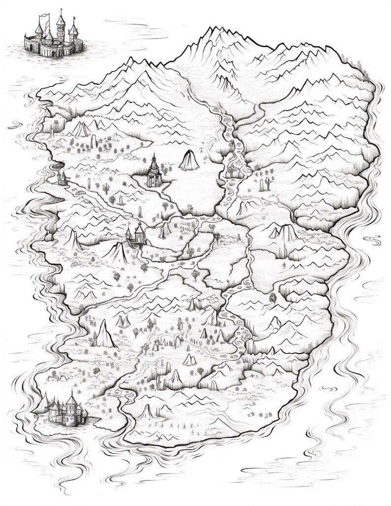 Pode incluir: Uma ilustra&ccedil;&atilde;o a tinta preta e branca de um mapa de fantasia representando uma grande ilha rodeada por &aacute;gua. O mapa apresenta cadeias de montanhas irregulares, rios sinuosos, florestas dispersas e v&aacute;rios castelos de pedra na costa.