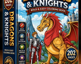 Libro da colorare di draghi e cavalieri / Pagine fantasy semplici e audaci (Download digitale)
