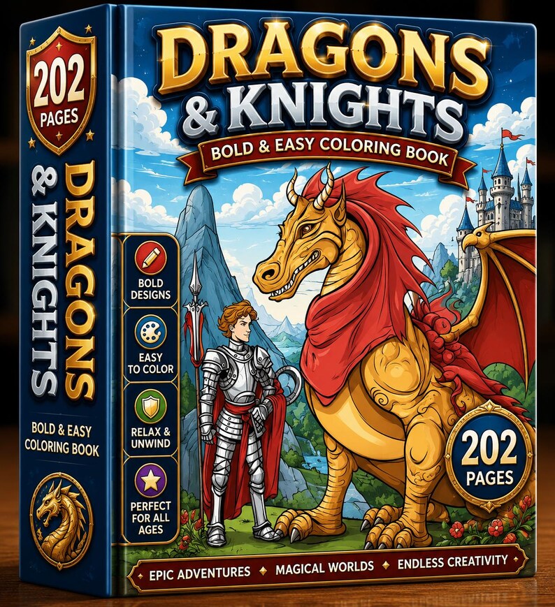 K&ouml;nnte beinhalten: Ein Dragons & Knights Malbuch mit 202 Seiten. Das Cover zeigt einen goldenen Drachen und einen Ritter in silberner R&uuml;stung vor einer Burg. Der Text umfasst Bold Designs, Easy to Color, Relax & Unwind, Perfect for All Ages, Epic Adventures, Magical Worlds und Endless Creativity.