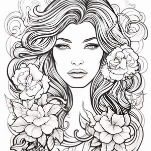 May include: A black and white line art illustration featuring a person with long, flowing wavy hair surrounded by large, detailed floral blossoms. The portrait focuses on the face with defined eyes and lips, framed by intricate swirling hair patterns.