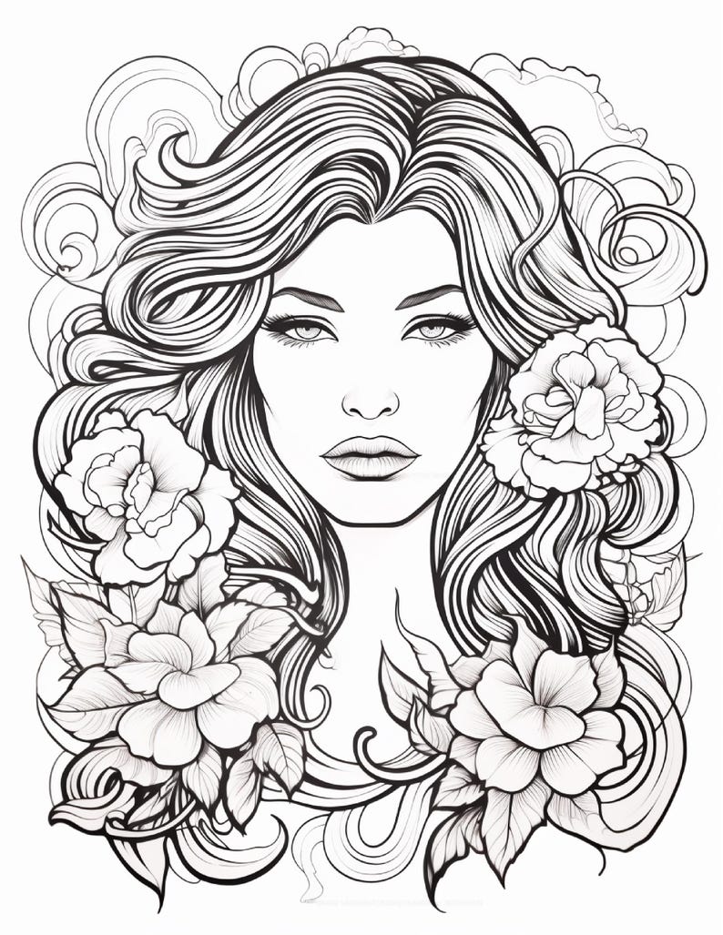 May include: A black and white line art illustration featuring a person with long, flowing wavy hair surrounded by large, detailed floral blossoms. The portrait focuses on the face with defined eyes and lips, framed by intricate swirling hair patterns.