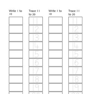 Pu&ograve; includere: Un foglio di esercizi educativo in bianco e nero intitolato Tracing and Writing con istruzioni per tracciare e scrivere i numeri da 1 a 20. La pagina presenta quattro colonne verticali di caselle rettangolari vuote e contorni di numeri tratteggiati.